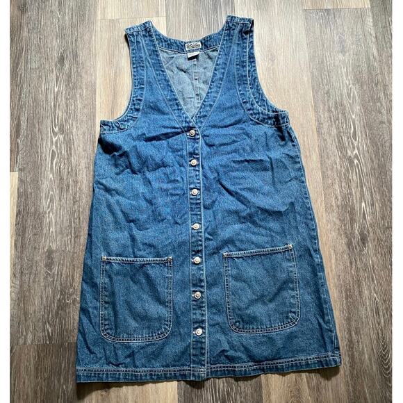 Vintage 90s Denim Button‎ Sleeveless Jumper Mini Dress Medium Granola Fisherman - Picture 2 of 5